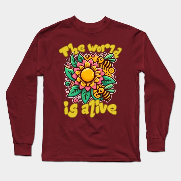 The World is Alive: Spring Bloom Buzz in Yellow, Black, Green, Brown, and Blue Long Sleeve T-Shirt by PopArtyParty